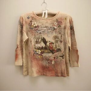 Beauty of Country Floral Rooster Kids Top - Cream/Pink